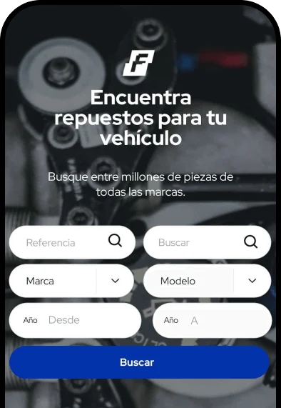 Captura de pantalla de la aplicación móvil FastAuto mostrando la interfaz de búsqueda de repuestos